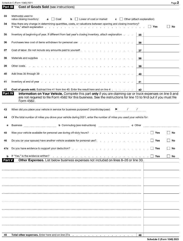 Page 2 Schedule C{For 1040) 2021 Part III Cost of Goods Sold (see instructions) 33 aMethod(s) used to value closing inventor