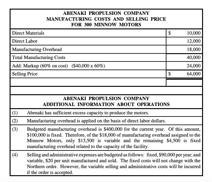 $ ABENAKI PROPULSION COMPANY MANUFACTURING COSTS AND SELLING PRICE FOR 300 MINNOW MOTORS Direct Materials Direct Labor Manufa