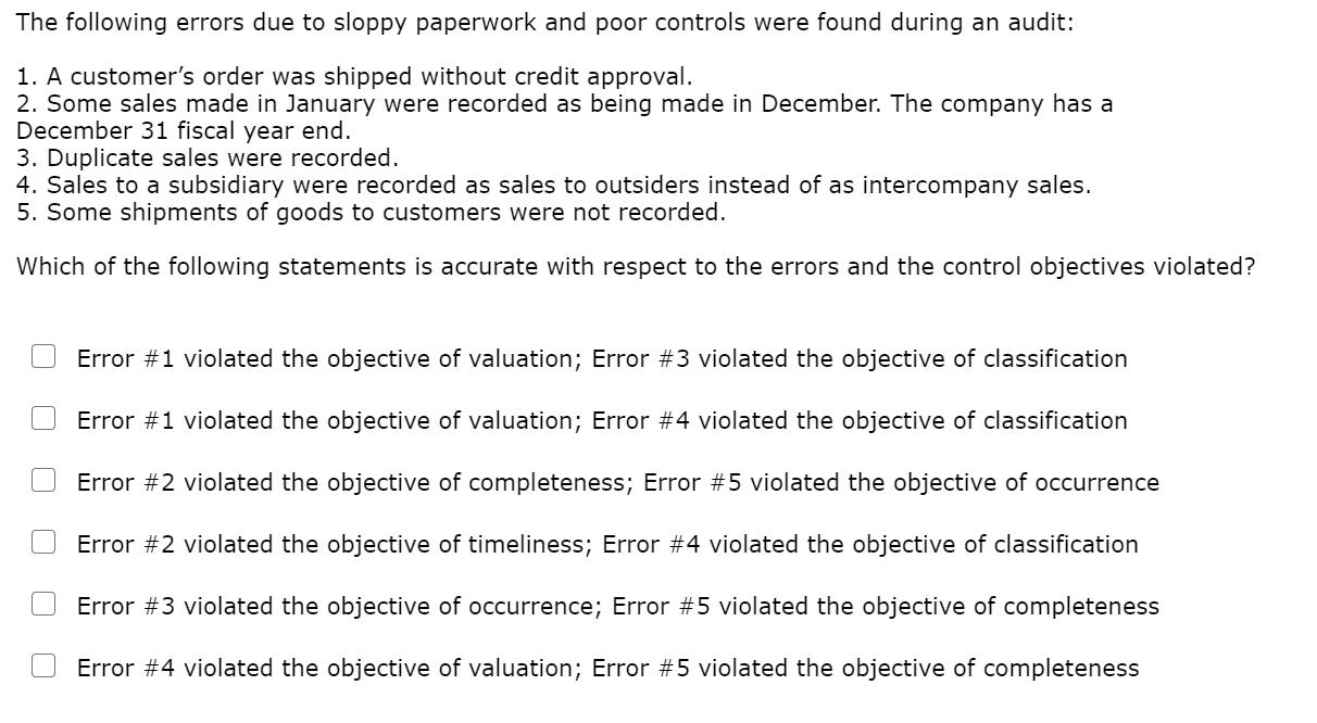 The following errors due to sloppy paperwork and poor controls were found during an audit: 1. A customers order was shipped