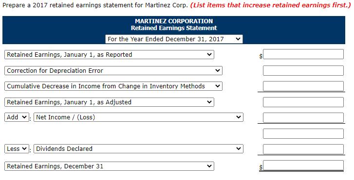Prepare a 2017 retained earnings statement for Martinez Corp. (List items that increase retained earnings first.) MARTINEZ CO