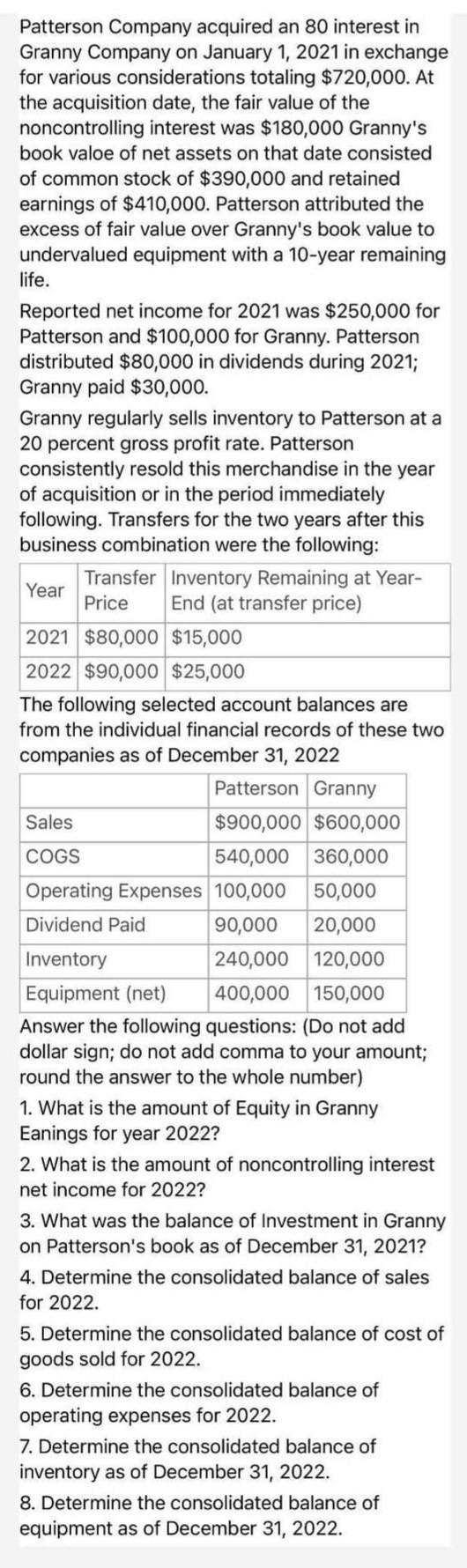 Patterson Company acquired an 80 interest in Granny Company on January 1, 2021 in exchange for various considerations totalin