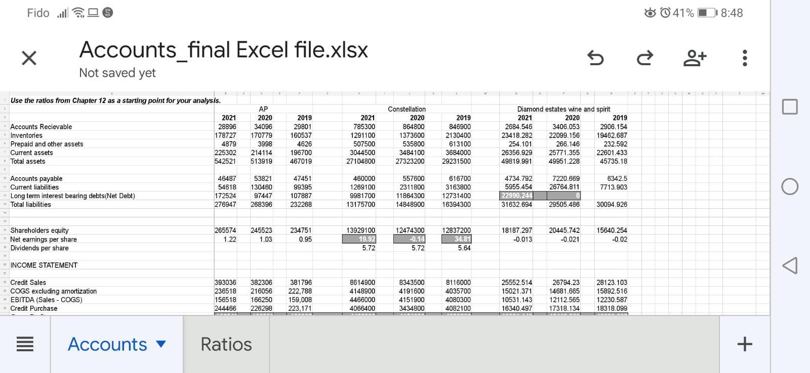 Fido il 03 ở $41% | 18:48 ХAccounts final Excel file.xlsx Not saved yet 5 d 8+ :Use the ratios from Chapter 12 as a startin
