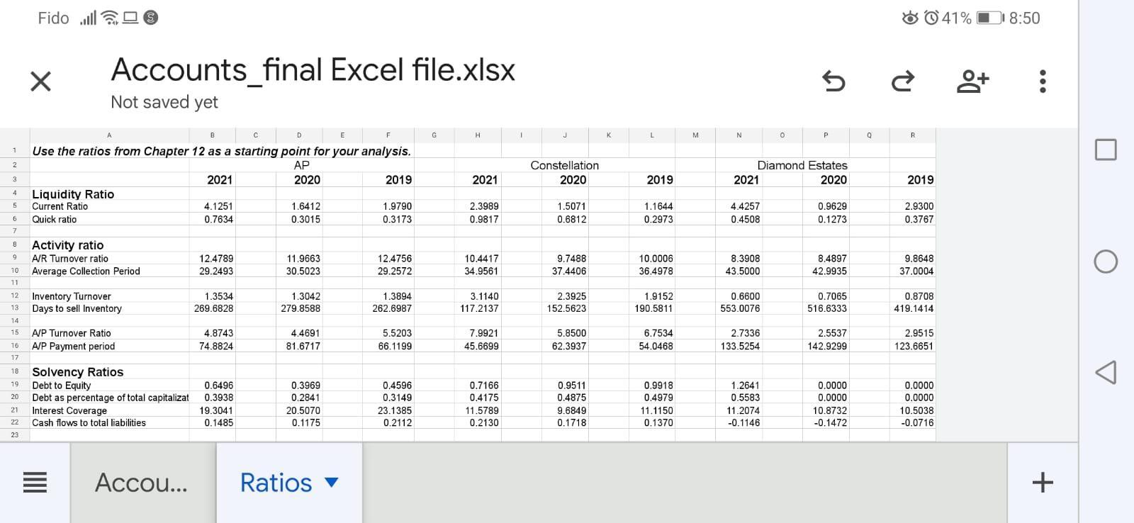 چالا. Fido ở $41% | 18:50 ХAccounts final Excel file.xlsx Not saved yet 5 ² 8+ :B EG H1 JK LM N0 PQ R1 Constellation