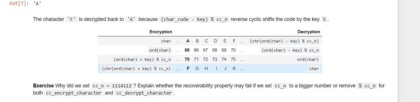 Out[7]: AThe character F is decrypted back to A because (char_code - key) % cc_n reverse cyclic shifts the code by the