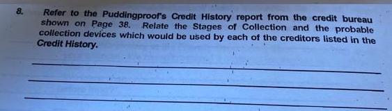 8. Refer to the Puddingproof's Credit History report from the credit bureau shown on Page 38. Relate the