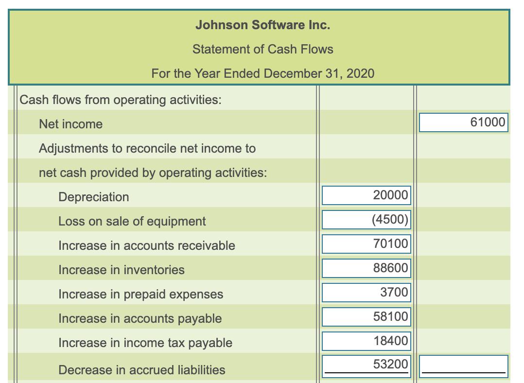 Johnson Software Inc. Statement of Cash Flows For the Year Ended December 31, 2020 Cash flows from operating activities: Net