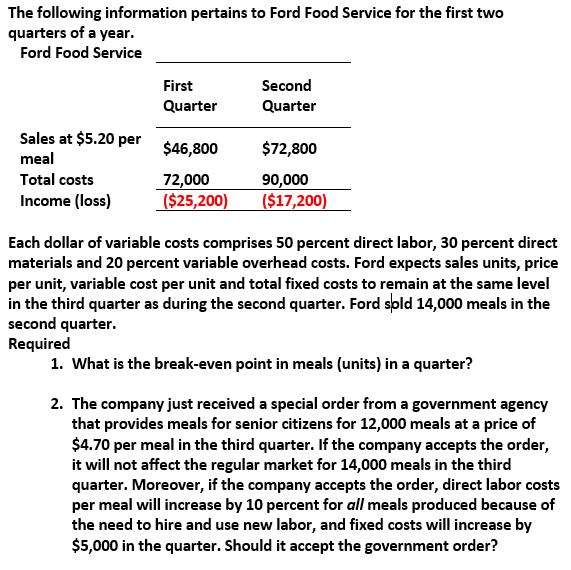 The following information pertains to Ford Food Service for the first twoquarters of a year.Ford Food ServiceFirstSecond