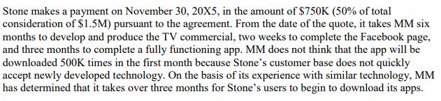 Stone makes a payment on November 30, 20X5, in the amount of $750K (50% of total consideration of $1.5M) pursuant to the agre