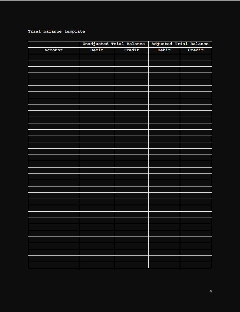 Trial balance template Unadjusted Trial Balance Debit Credit Adjusted Trial Balance Debit Credit Account