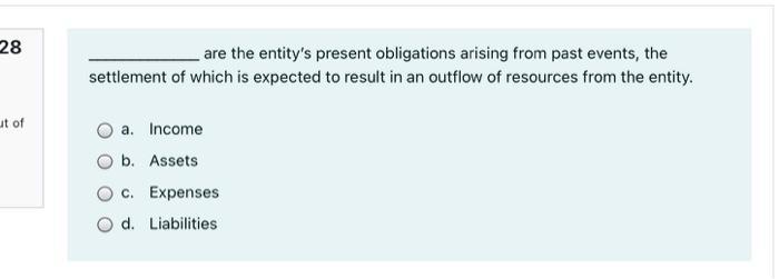 28are the entitys present obligations arising from past events, thesettlement of which is expected to result in an outflow