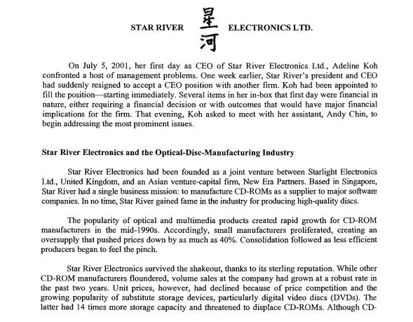 STAR RIVER 星河 ELECTRONICS LTD. On July 5, 2001, her first day as CEO of Star River Electronics Ltd., Adeline Koh confronted a