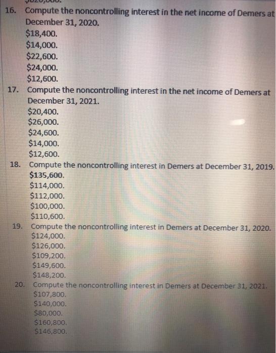 Compute the noncontrolling interest in the net income of Demers atDecember 31, 2020.$18,400.$14,000.$22,600.$24,000.$12