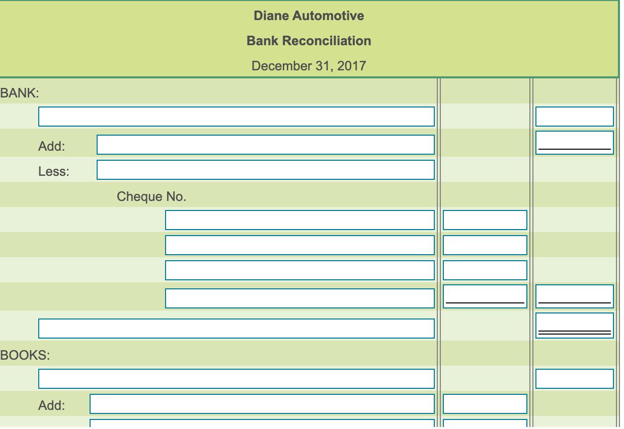 Diane AutomotiveBank ReconciliationDecember 31, 2017BANK:Add:Less:Cheque No.BOOKS:Add: