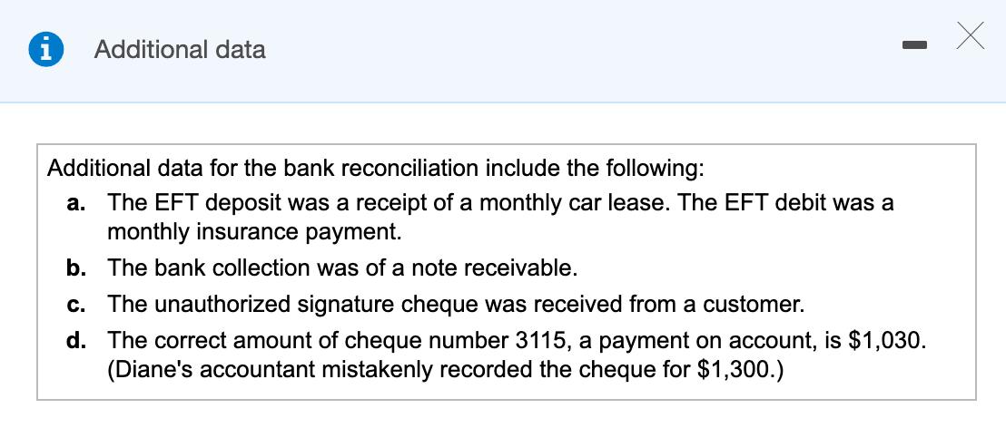 iAdditional dataAdditional data for the bank reconciliation include the following:a. The EFT deposit was a receipt of a mo