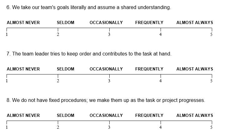 6. We take our team's goals literally and assume a shared understanding. ALMOST NEVER 1 ALMOST NEVER 1 SELDOM