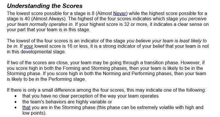 Understanding the Scores The lowest score possible for a stage is 8 (Almost Never) while the highest score