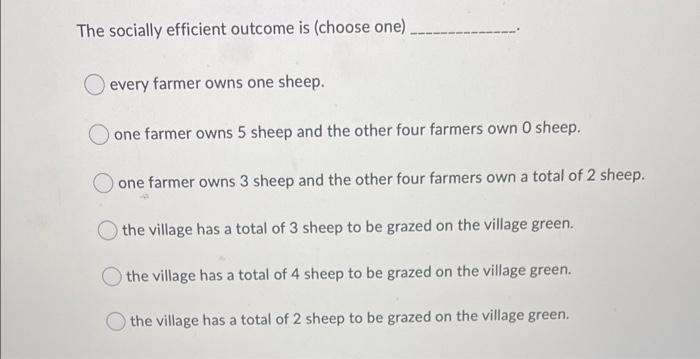 The socially efficient outcome is (choose one) every farmer owns one sheep. one farmer owns 5 sheep and the other four farmer