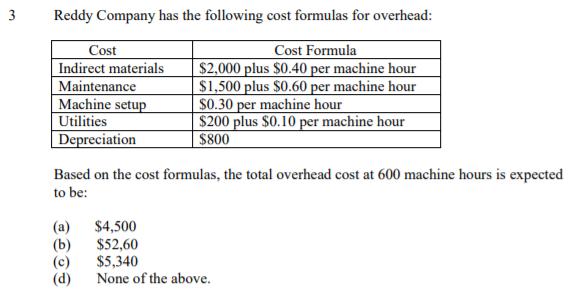 لا3Reddy Company has the following cost formulas for overhead:CostIndirect materialsMaintenanceMachine setupUtilities
