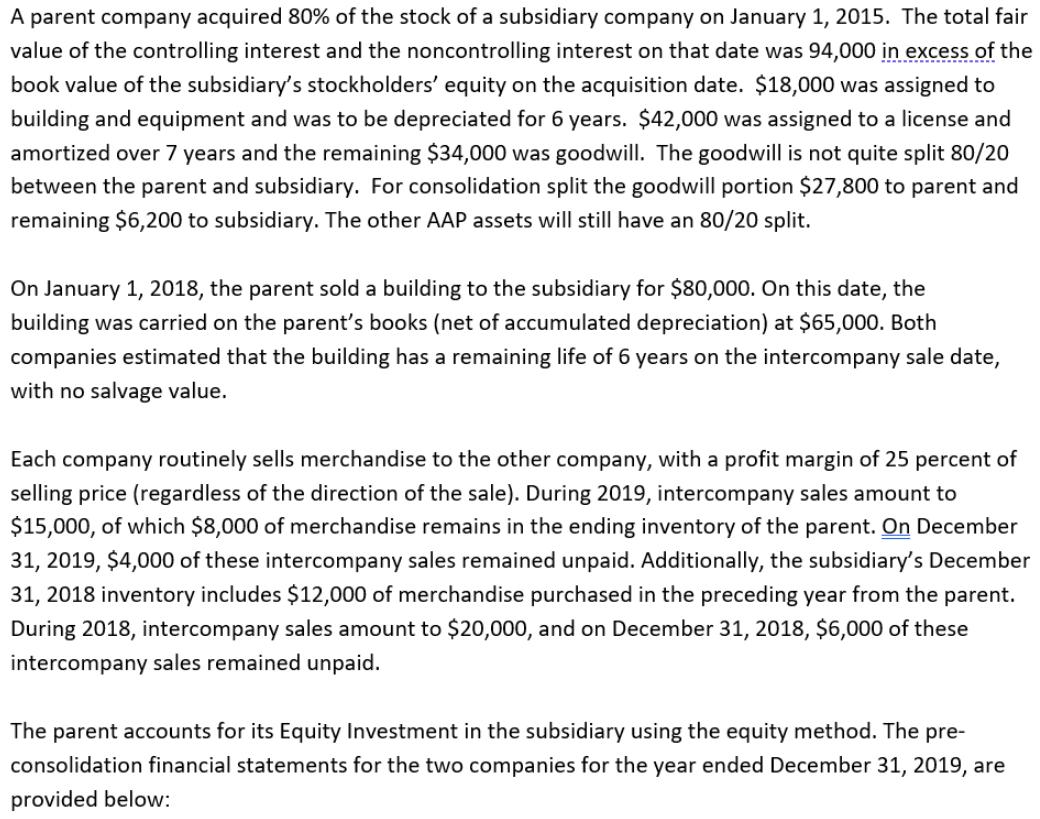 A parent company acquired 80% of the stock of a subsidiary company on January 1, 2015. The total fair value