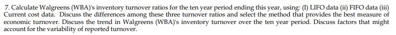 7. Calculate Walgreens (WBA)s inventory turnover ratios for the ten year period ending this year, using: (1) LIFO data (ii)