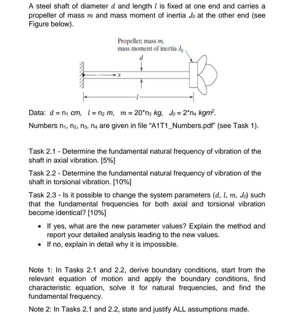 A steel shaft of diameter d and length 1 is fixed at one end and carries apropeller of mass m and mass moment of inertia Jo