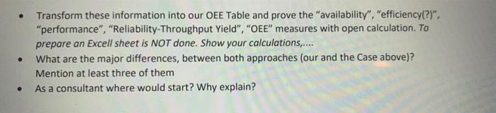 Transform these information into our OEE Table and prove the availability, efficiency(?),performance, Reliability-Thr