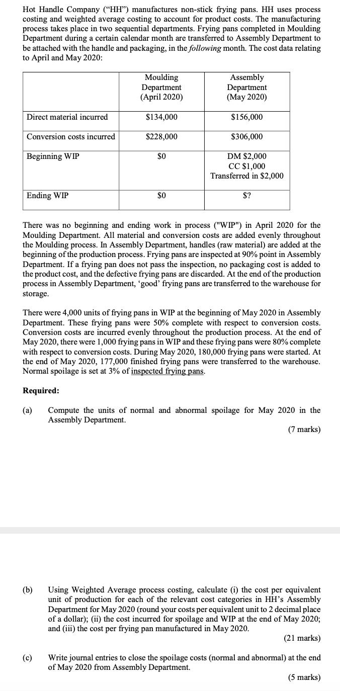 Hot Handle Company (“HH”) manufactures non-stick frying pans. HH uses processcosting and weighted average costing to account