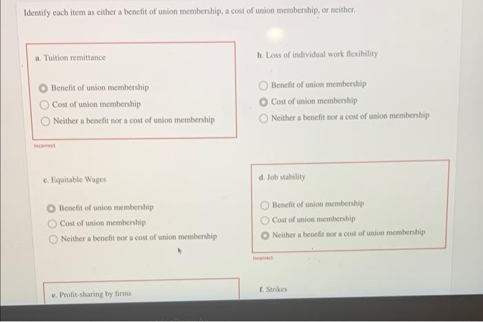 Identify each item as either a benefit of union membership, a cost of union membership, or neithera. Tuition remittanceb. L