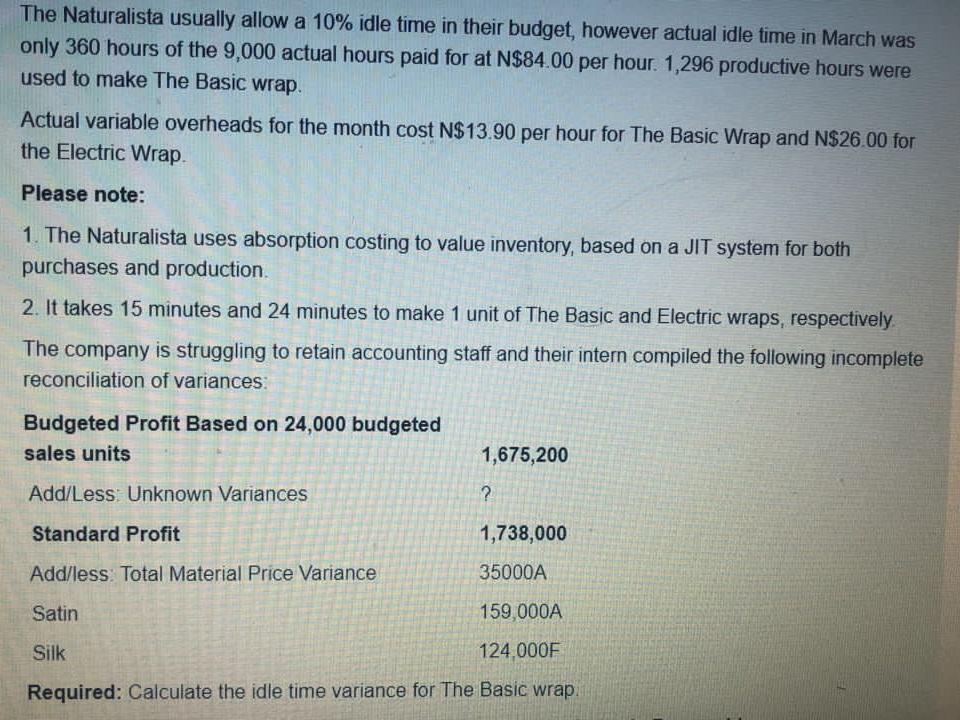 a The Naturalista usually allow a 10% idle time in their budget, however actual idle time in March was only 360 hours of the