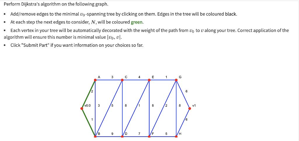 Perform Dijkstras algorithm on the following graph.Add/remove edges to the minimal vo-spanning tree by clicking on them. Ed
