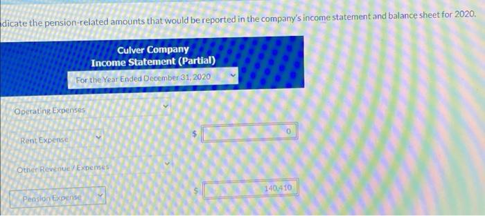 dicate the pension-related amounts that would be reported in the companys income statement and balance sheet for 2020.Culve