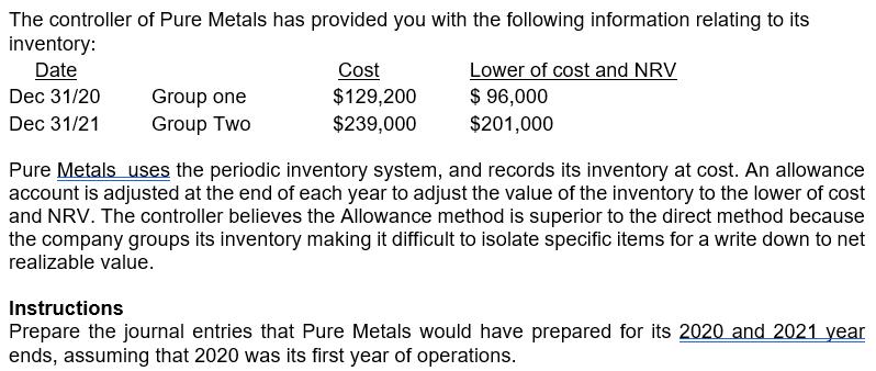 The controller of Pure Metals has provided you with the following information relating to itsinventory:DateCost Lower of c