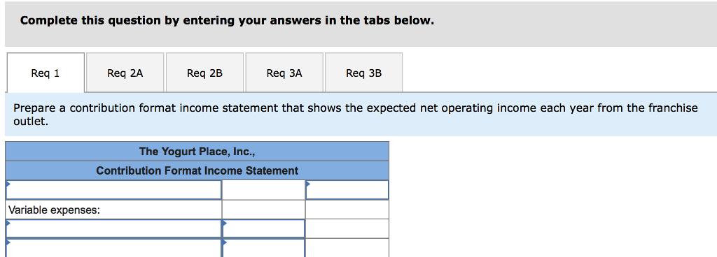Complete this question by entering your answers in the tabs below. Req 1 Req 2A Req 2B Req 3A Req 3B Prepare a contribution format income statement that shows the expected net operating income each year from the franchise outlet. The Yogurt Place, Inc., Contribution Format Income Statement Variable expenses: