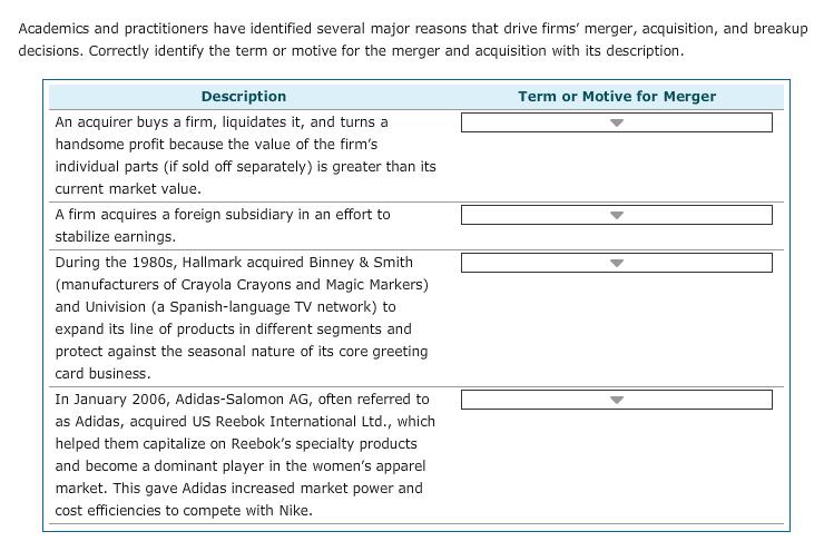 Academics and practitioners have identified several major reasons that drive firms merger, acquisition, and breakup decisions. Correctly identify the term or motive for the merger and acquisition with its description Description Term or Motive for Merger An acquirer buys a firm, liquidates it, and turns a handsome profit because the value of the firms individual parts (if sold off separately) is greater than its current market value. A firm acquires a foreign subsidiary in an effort to stabilize earnings. During the 1980s, Hallmark acquired Binney & Smith (manufacturers of Crayola Crayons and Magic Markers) and Univision (a Spanish-language TV network) to expand its line of products in different segments and protect against the seasonal nature of its core greeting card business. In January 2006, Adidas-Salomon AG, often referred to as Adidas, acquired US Reebok International Ltd., which helped them capitalize on Reebok s specialty products and become a dominant player in the womens apparel market. This gave Adidas increased market power and cost efficiencies to compete with Nike.