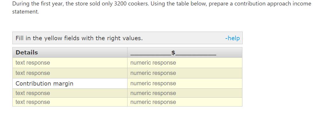During the first year, the store sold only 3200 cookers. Using the table below, prepare a contribution approach income statem