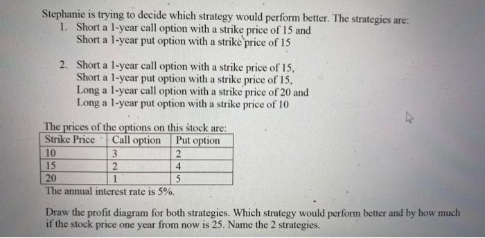 Stephanie is trying to decide which strategy would perform better. The strategies are:1. Short a 1-year call option with a s