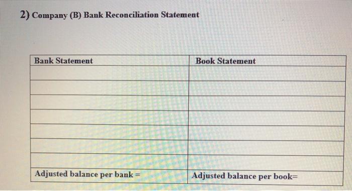 2) Company (B) Bank Reconciliation StatementBank StatementBook StatementAdjusted balance per bank =Adjusted balance per b