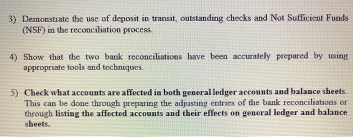 3) Demonstrate the use of deposit in transit, outstanding checks and Not Sufficient Funds(NSF) in the reconciliation process
