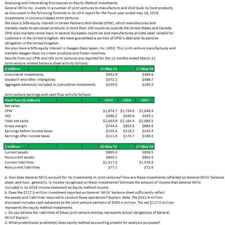 Analyzing and Interpreting Disclosures on Equity Method InvestmentsGeneral Mills Inc. invests in a number of joint ventures