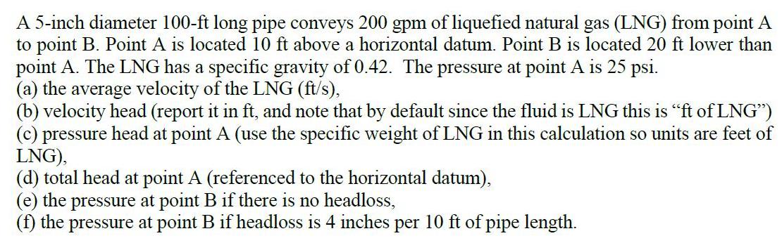 A 5-inch diameter 100-ft long pipe conveys 200 gpm of liquefied natural