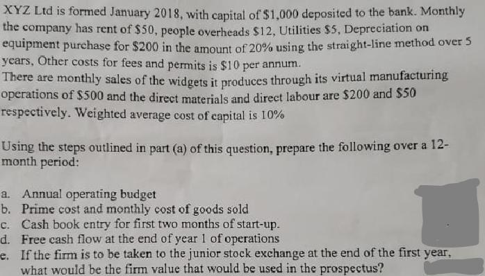 XYZ Ltd is formed January 2018, with capital of $1,000 deposited to the bank. Monthly the company has rent of $50, people ove