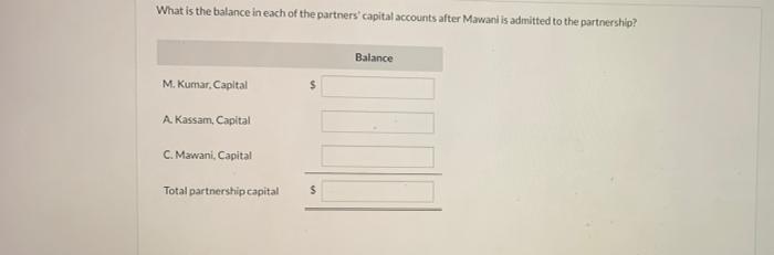 What is the balance in each of the partners capital accounts after Mawani is admitted to the partnership? Balance M. Kumar,