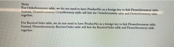 Note: For OrderInventory table, we do not need to have Product No as a foreign key to link Flowerinventory table. Instead, Fl