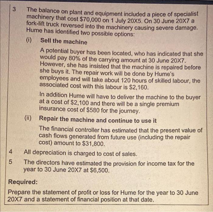 3 The balance on plant and equipment included a piece of specialist machinery that cost $70,000 on 1 July 20X5. On 30 June 20
