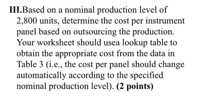 III.Based on a nominal production level of2,800 units, determine the cost per instrumentpanel based on outsourcing the prod