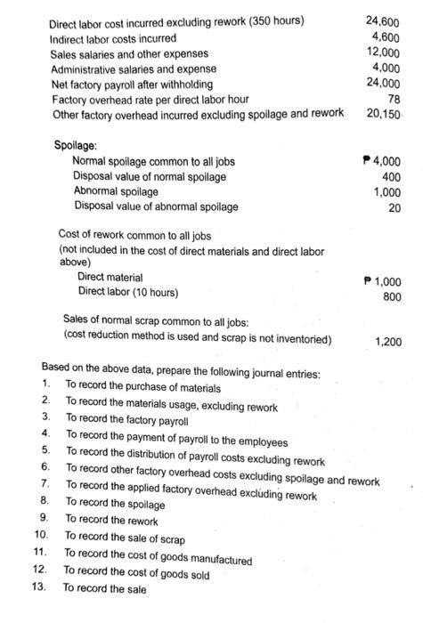 Direct labor cost incurred excluding rework (350 hours) Indirect labor costs incurred Sales salaries and other expenses Admin