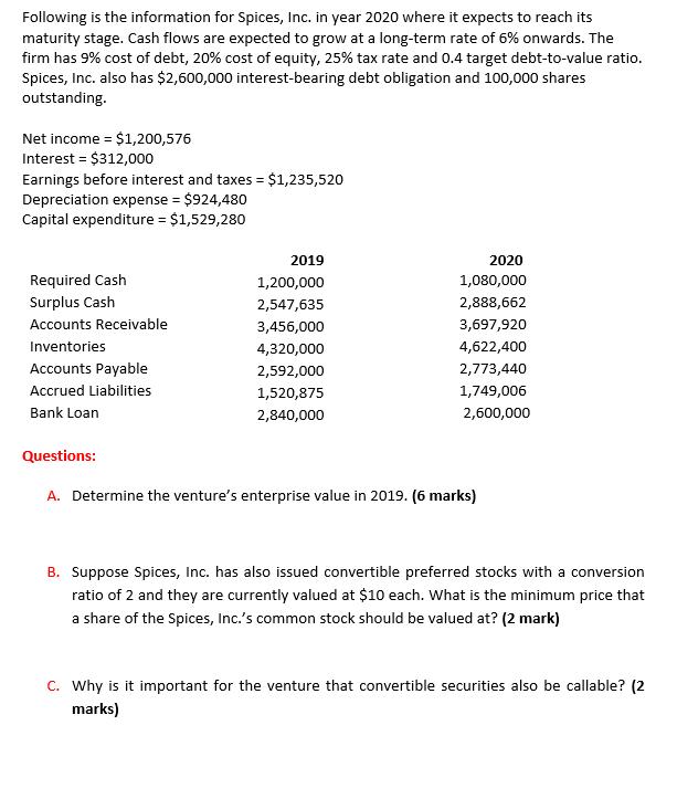 Following is the information for Spices, Inc. in year 2020 where it expects to reach its maturity stage. Cash flows are expec