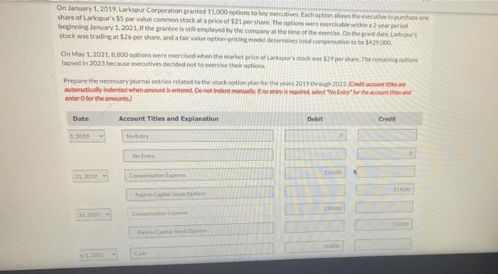 On January 1, 2019. Larkspur Corporation granted 11.000 options to key executives. Each option allows the executive to purcha