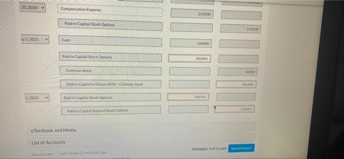 31.2020Compensation Expense214500Pald-lo Capital Stock Options214500w1.2021Cash184800Paid in Capital Stock Options30