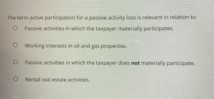 The term active participation for a passive activity loss is relevant in relation toO Passive activities in which the taxpay